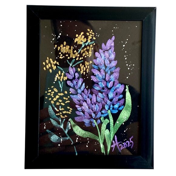 Flower Glow Original Iridescent Watercolor Painting 4x5in Black Frame Desk Art - Picture 2 of 6